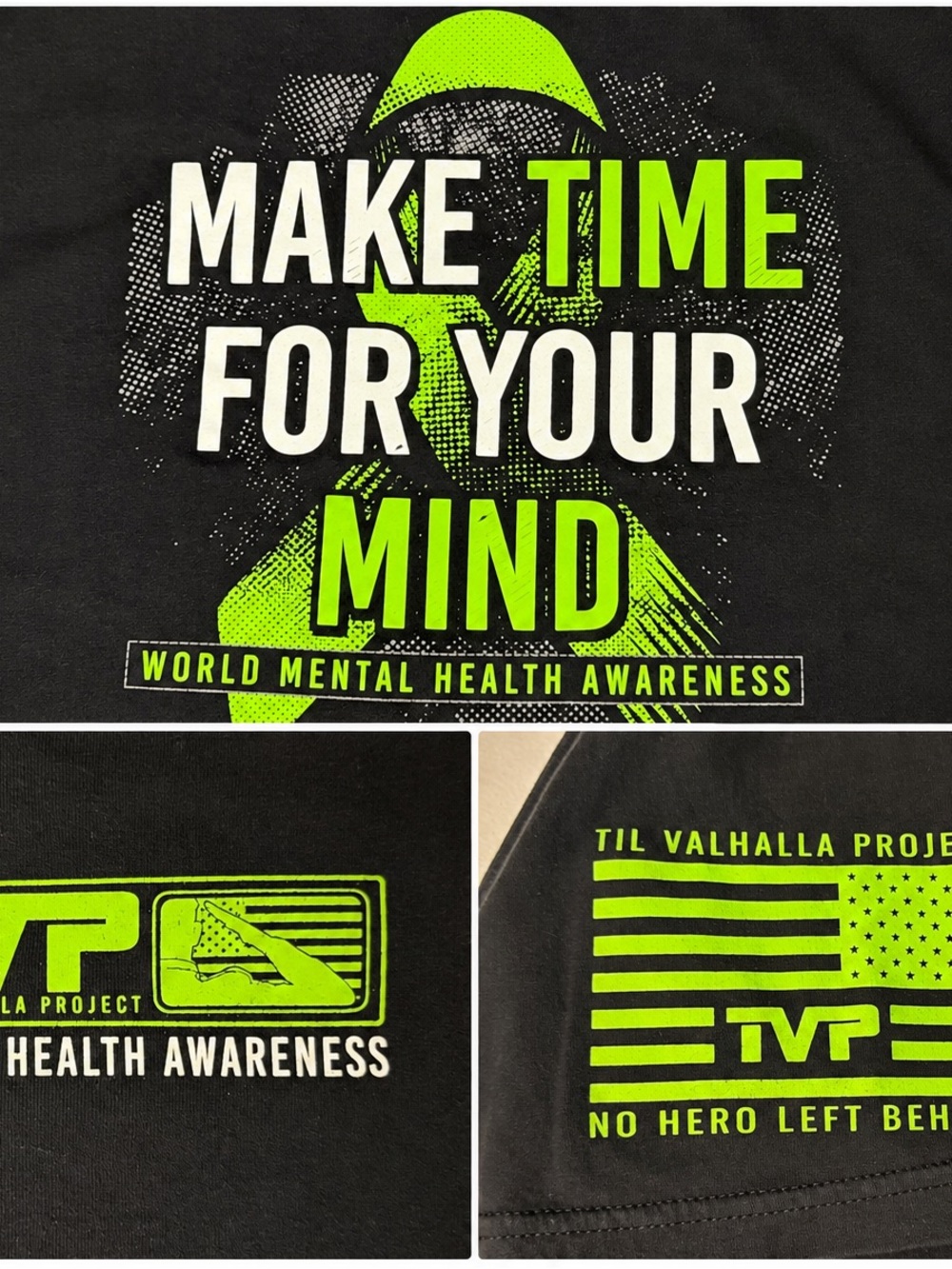 Men’s Till Valhalla ProjecWorld Mental Health Awareness Tee - Black & Neon Green